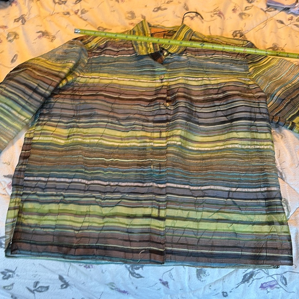 Beautiful sheer petite shirt shoulder to shoulder is 17”, 24” long.